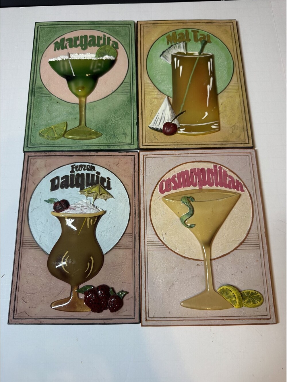 (4) Tropical Drink 3D Resin Wall Plaques 2004 Mai Tai Cosmo Daiquiri Margarita